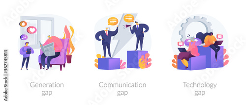 People diversity abstract concept vector illustration set. Generation and communication gap, technology gap, society development, information exchange, digital divide, relationship abstract metaphor.