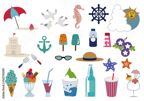 夏の海の素材集。季節のアイコン。
