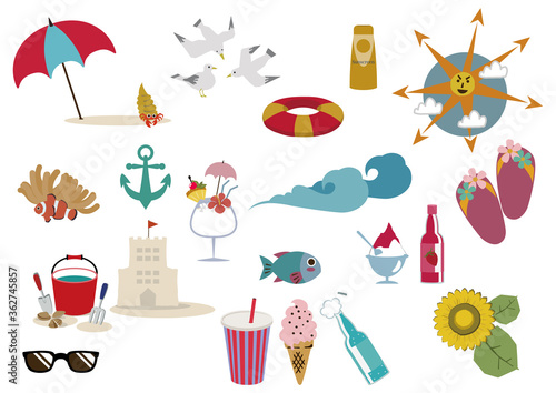 夏の海の素材集。季節のアイコン。