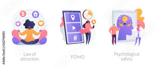 Positive and negative emotions abstract concept vector illustration set. Law of attraction, FOMO, psychological safety, social anxiety, well-being, personal comfort, visualization abstract metaphor.