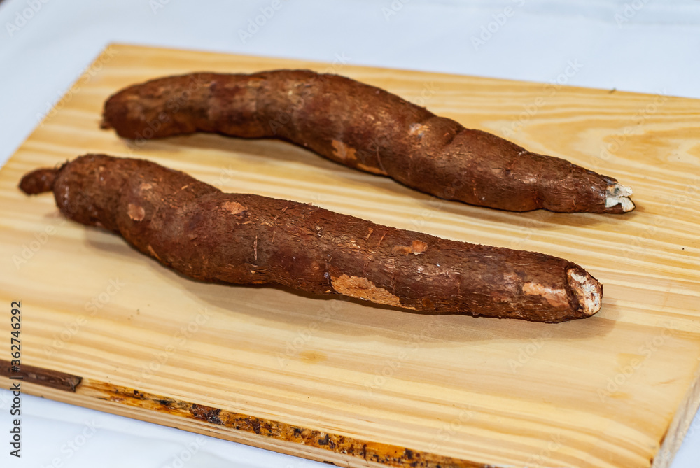 Raw yucca on the wooden table, Manihot esculenta. (Cassava raw tuber). Cassava, also called mandioca, yuca, balinghoy, mogo, mandioca, kamoteng kahoy, tapioca and tapioca root. Focus selective. Raw yucca on the wooden table, Manihot esculenta. (Cassava raw tuber). Cassava, also called mandioca, yuca, balinghoy, mogo, mandioca, kamoteng kahoy, tapioca and tapioca root. Focus selective.