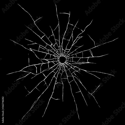 Bullet hole in glass isolated on black background. Cracked mirror texture. Vector illustration.