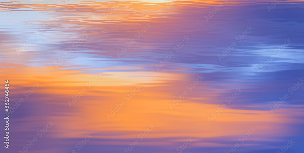 Purple and orange sunlight reflection on the water surface. Dramatic dusk.