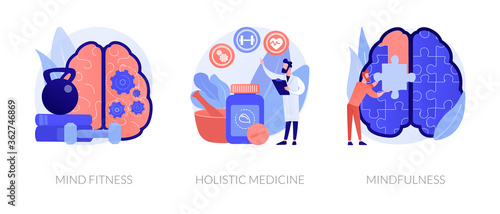 Mental and physical health treatment abstract concept vector illustration set. Mind fitness, holistic medicine, mindfulness, whole body treatment, mental calmness, meditation abstract metaphor.