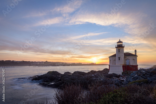 Coquille River LIghthouse in Bandon built on rocks, Oregon