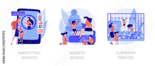 Kids bringing up and leasure time abstract concept vector illustration set. Babysitting services, nursery school, playroom for kids, personal childcare help, pre-school program abstract metaphor.