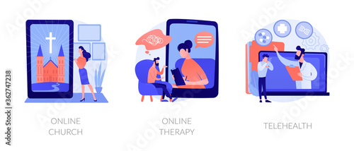 Distance help and support abstract concept vector illustration set. Online church, online therapy, telehealth, worship services, mental health, stay at home, social distancing abstract metaphor.