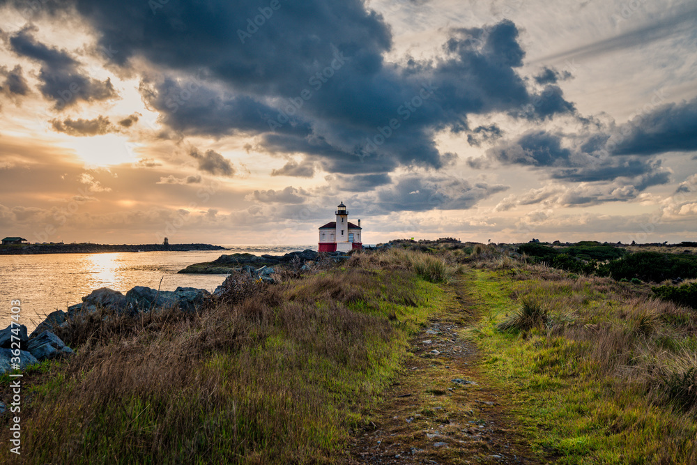 Wide shot of Lighthouse in Bandon, Oregon Coast with dramatic clouds
