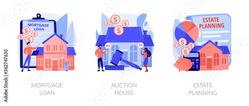 Residential and commercial property abstract concept vector illustration set. Real estate services, mortgage loan, auction house, estate planning, down payment, attorney advise abstract metaphor.