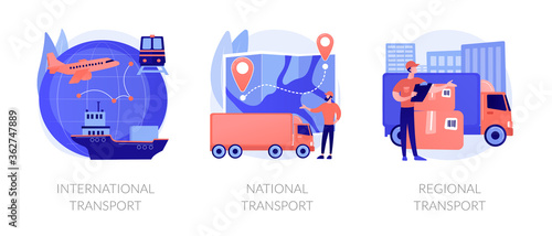 Worldwide order delivery service. Cargo plane and truck shipment. International transport, national transport, regional transport metaphors. Vector isolated concept metaphor illustrations.