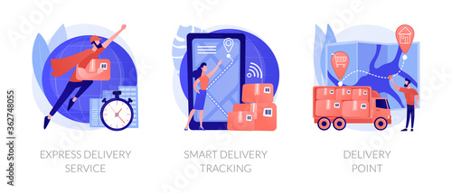 Parcel shipment services metaphors. Express delivering, online smart tracking, courier. Order delivery point. Cargo truck location. Courier with box abstract concept vector illustration set.