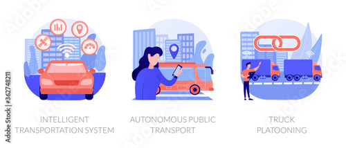 Smart traffic management, Internet of Things. Intelligent transportation system, autonomous public transport, truck platooning metaphors. Vector isolated concept metaphor illustrations.