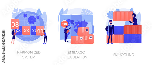 Trading goods limitations, customs control, export and import prohibition, contraband. Harmonized system, embargo regulation, smuggling metaphors. Vector isolated concept metaphor illustrations.