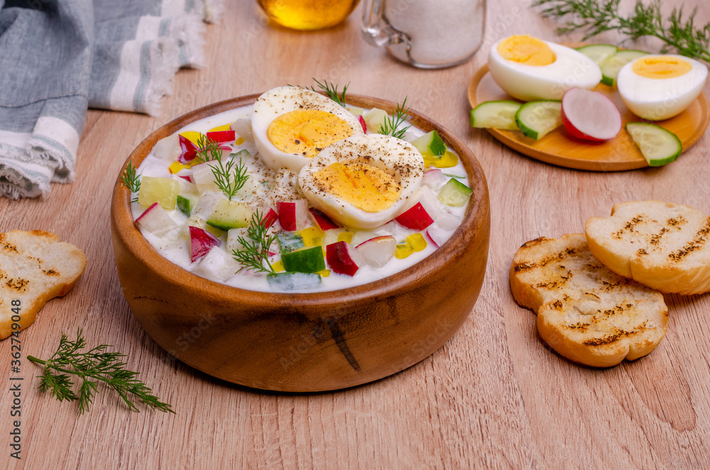 Cold soup with raw vegetables and eggs Cold soup with raw vegetables and eggs