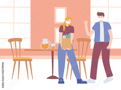 covid 19 coronavirus social distancing prevention, keep distance in public society, people with medical face mask