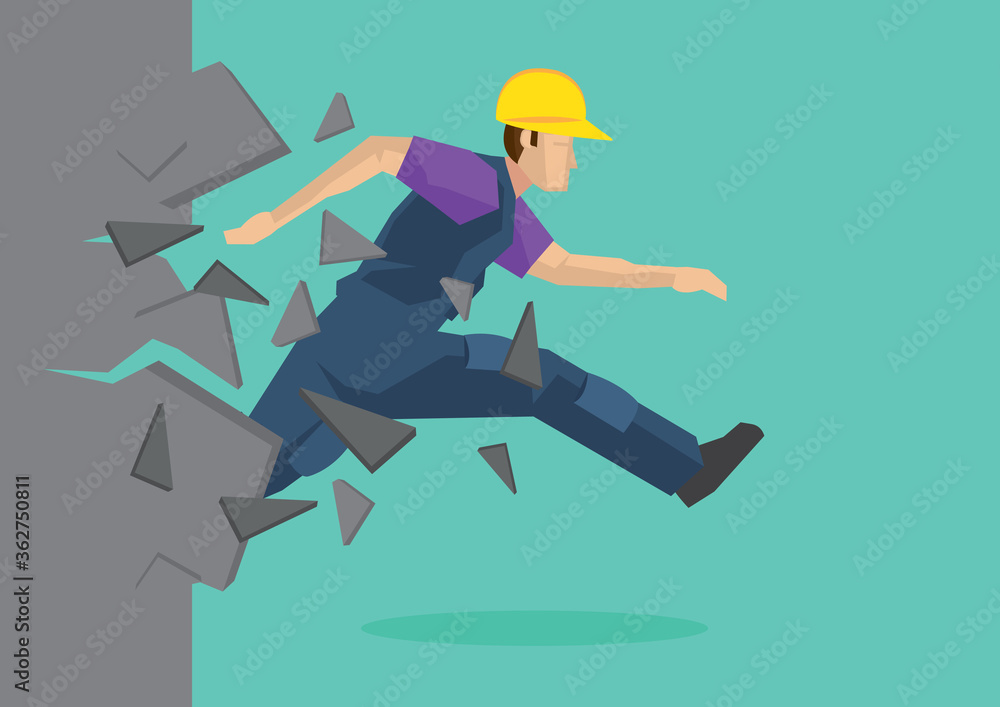 Illustration of a construction worker breaking through the wall. Breakthrough challenge concept Illustration of a construction worker breaking through the wall. Breakthrough challenge concept