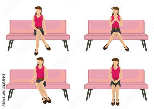 Set of full length casual woman in various sitting positions isolated on white background.