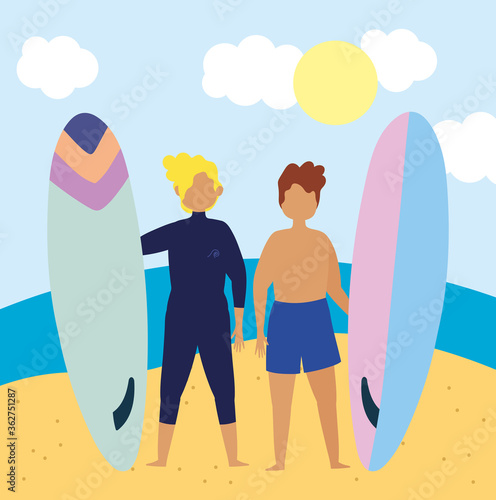 summer people activities, young men holding surfboard in the beach, seashore relaxing and performing leisure outdoor