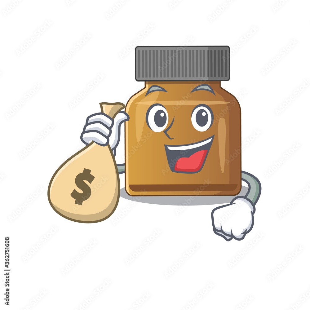 Crazy rich bottle vitamin b mascot design having money bags
