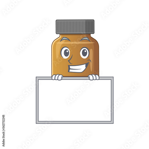 Bottle vitamin b cartoon design style standing behind a board