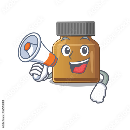 Mascot design of bottle vitamin b announcing new products on a megaphone