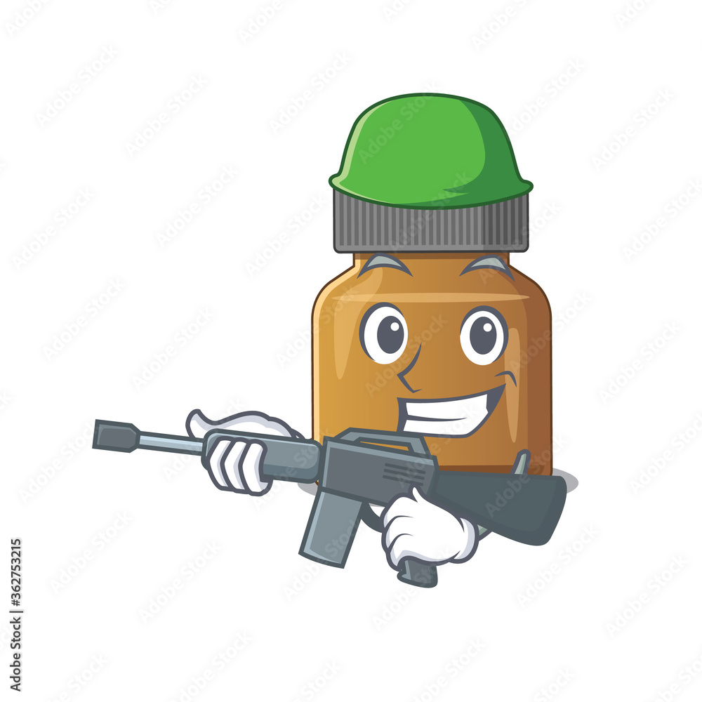 A cartoon picture of Army bottle vitamin b holding machine gun