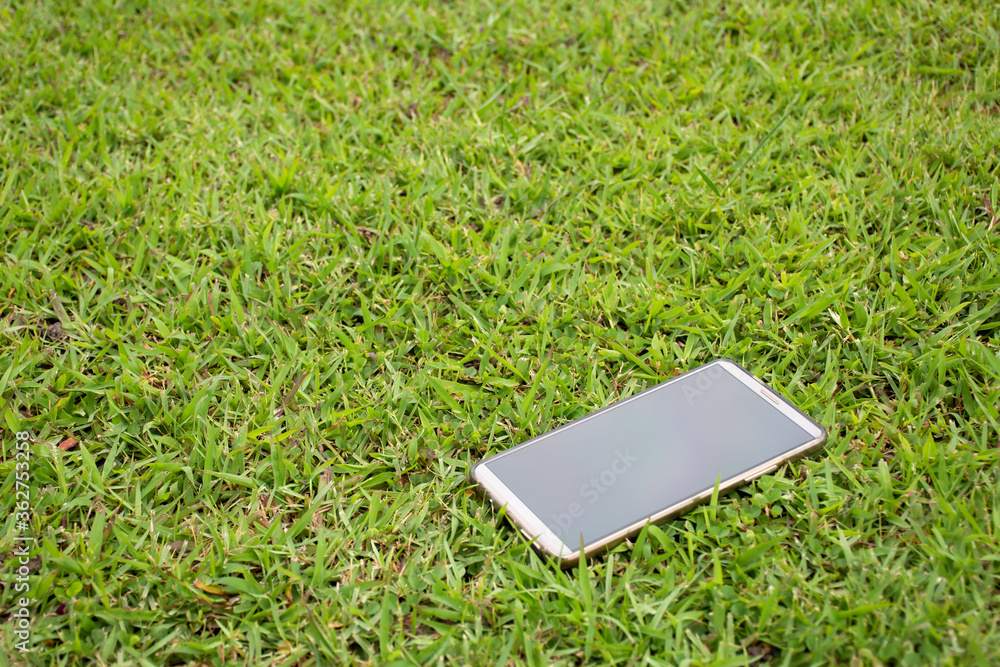Smartphone drop on green grass in public park. Smartphone drop on green grass in public park.