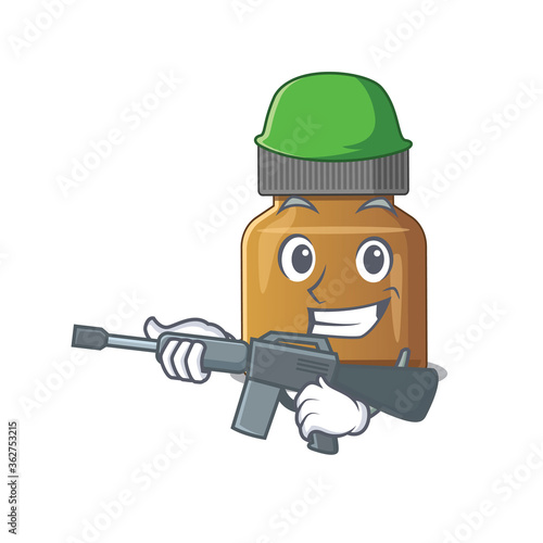 A cartoon picture of Army bottle vitamin b holding machine gun