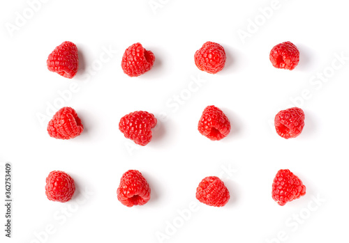 Top view of fresh raspberry isolated on white background.