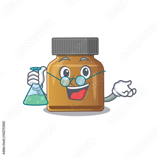 caricature character of bottle vitamin b smart Professor working on a lab