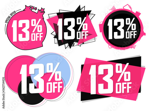 Set Sale 13  off banners  discount tags design template  lowest price  vector illustration
