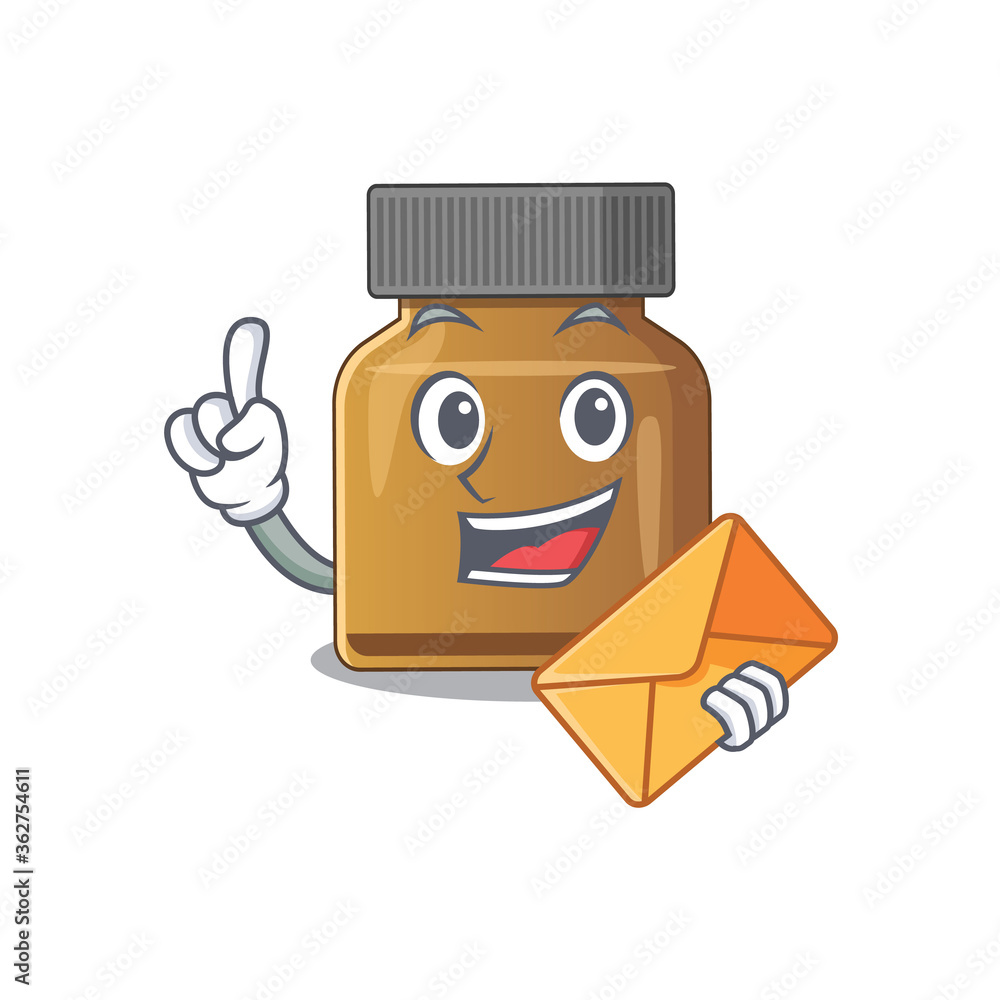 A picture of cheerful bottle vitamin b cartoon design with brown envelope
