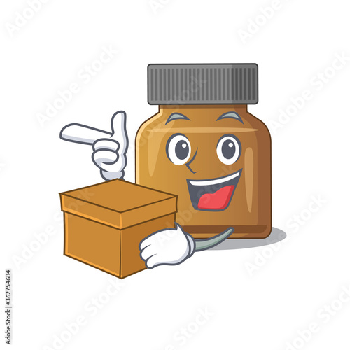 A cheerful bottle vitamin b cartoon design concept having a box
