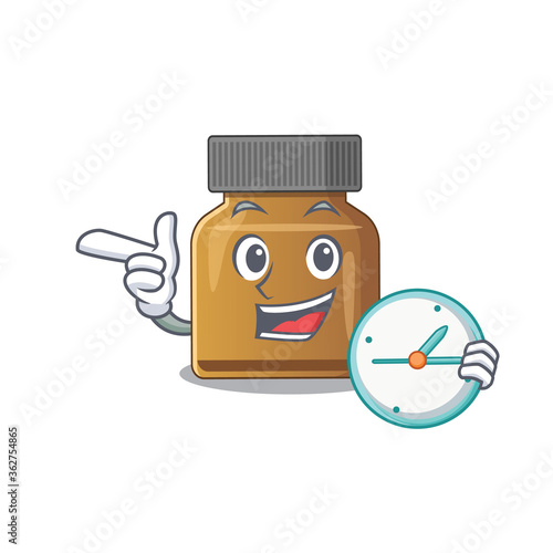 mascot design style of bottle vitamin b standing with holding a clock