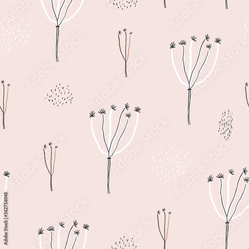 Cute seamless pattern with flowers, branch, leaves. Vintage background. Creative childish texture for fabric, wrapping, textile, wallpaper, apparel. Vector illustration.