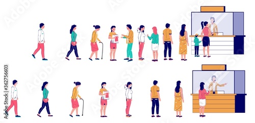 People waiting in line at ticket box or registration counter, vector flat illustration. Characters standing right behind people in one line and keeping social distancing, wearing face masks in other.
