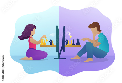 People playing chess online during quarantine. Boy and girl sitting on floor in front of computer screens playing strategic game. Stay home and social distancing concept. Flat vector illustration