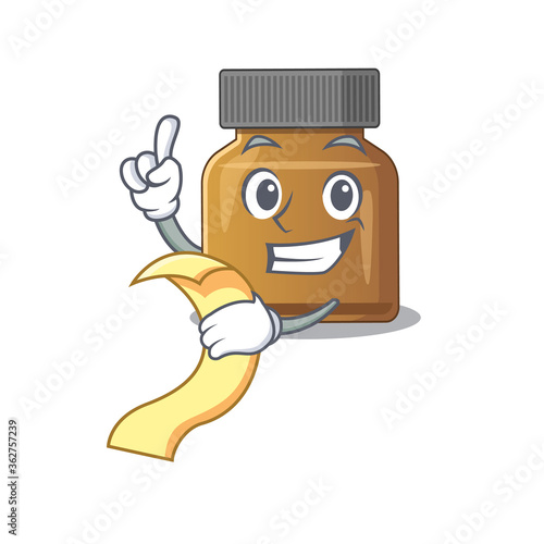 Bottle vitamin b mascot character style with a menu on his hand