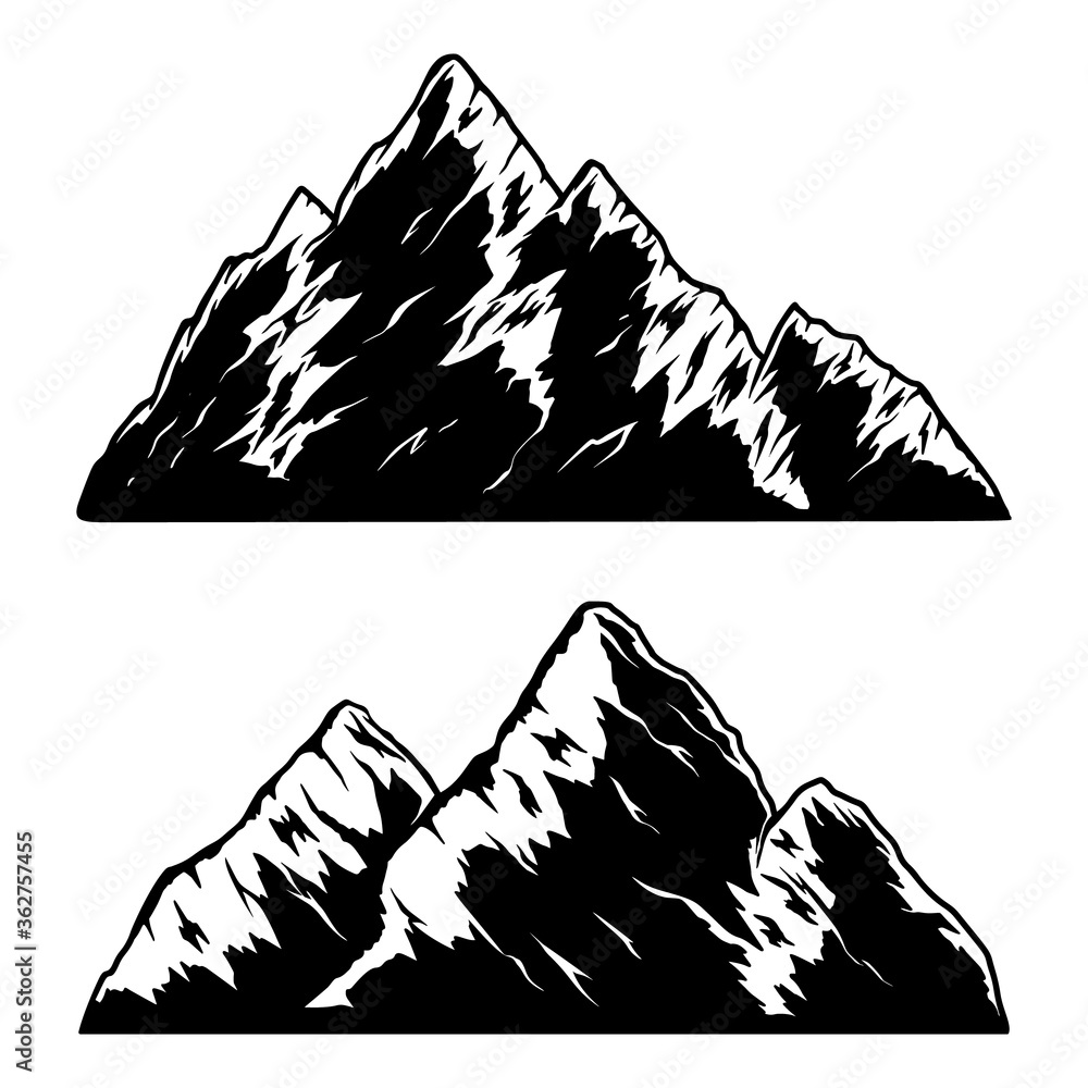 Set of illustrations of mountains in engraving style. Design element for logo, emblem, sign, poster, card, banner. Vector illustration Set of illustrations of mountains in engraving style. Design element for logo, emblem, sign, poster, card, banner. Vector illustration