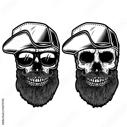 Illustration of bearded skull in baseball cap in engraving style. Design element for logo, emblem, sign, poster, card, banner. Vector illustration