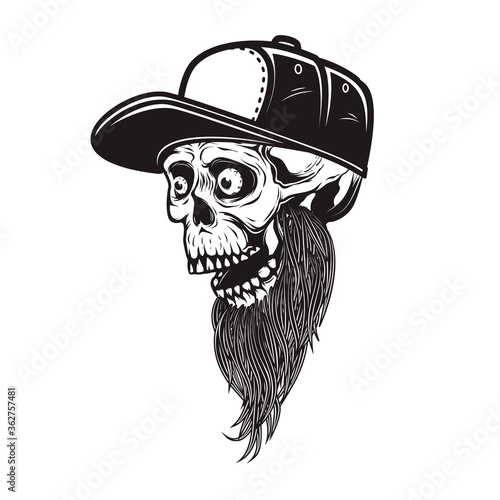 Illustration of bearded skull in baseball cap in engraving style. Design element for logo, emblem, sign, poster, card, banner. Vector illustration