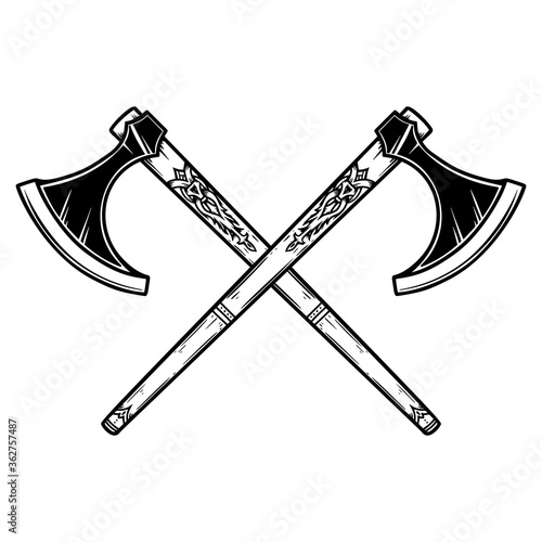 Illustration of two crossed viking axe in engraving style. Design element for logo, emblem, sign, poster, card, banner. Vector illustration