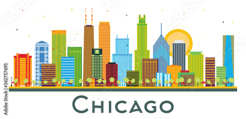 Chicago Illinois City Skyline with Color Buildings Isolated on White.