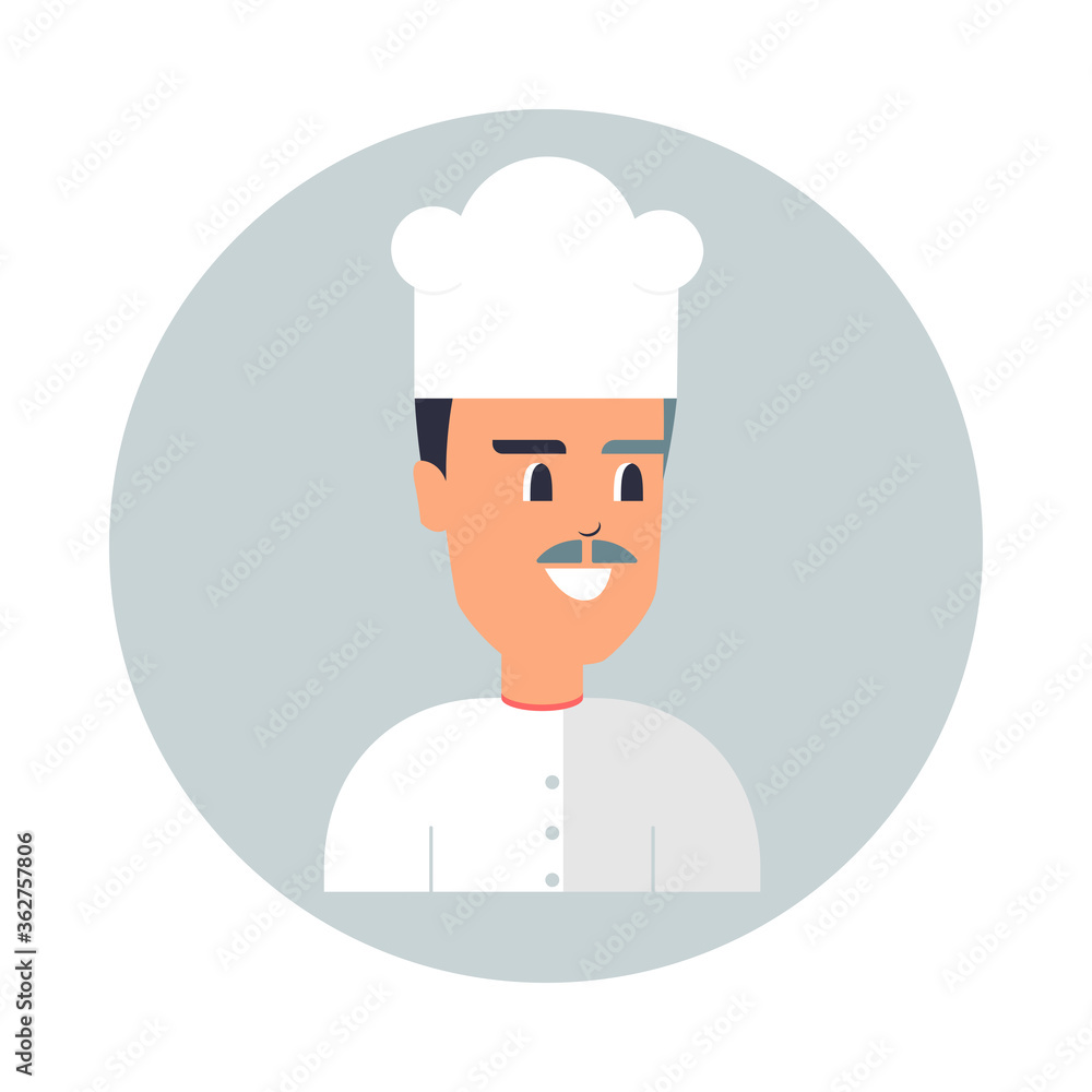 Chef dibujos animados. Personaje hombre con bigotes cocinando, traje o  vestimenta para cocinar, comida concepto gourmet para restaurante Stock  Illustration | Adobe Stock