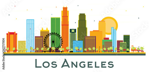 Los Angeles California City Skyline with Color Buildings Isolated on White.