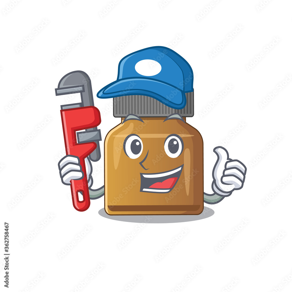 cartoon character design of bottle vitamin b as a Plumber with tool