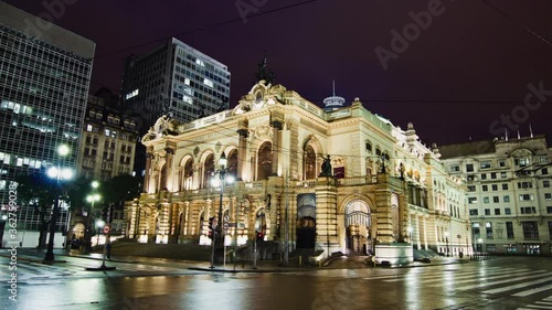 Timelapse of Municipal theater in Sao Paulo downtown, at night, Brazil photo