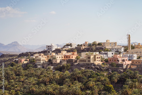 scenic landscape view of Misfat al Abriyyin heritage village among palm trees in mountain