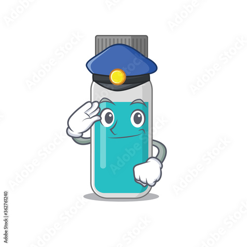 A handsome Police officer cartoon picture of medical test bottle with a blue hat