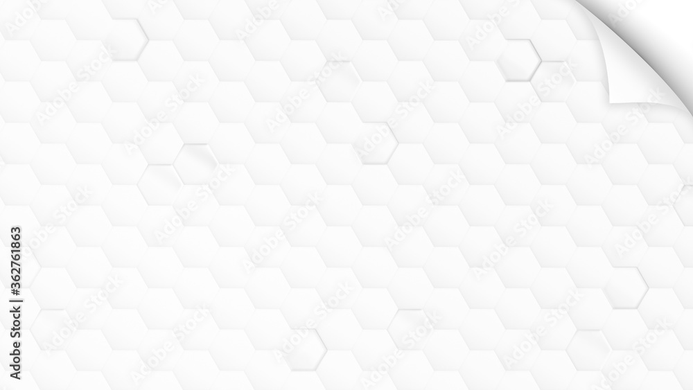 Fototapeta premium White and light gray hexagon pattern on white with curled corner of paper. Simple and abstract modern background in 4k resolution.